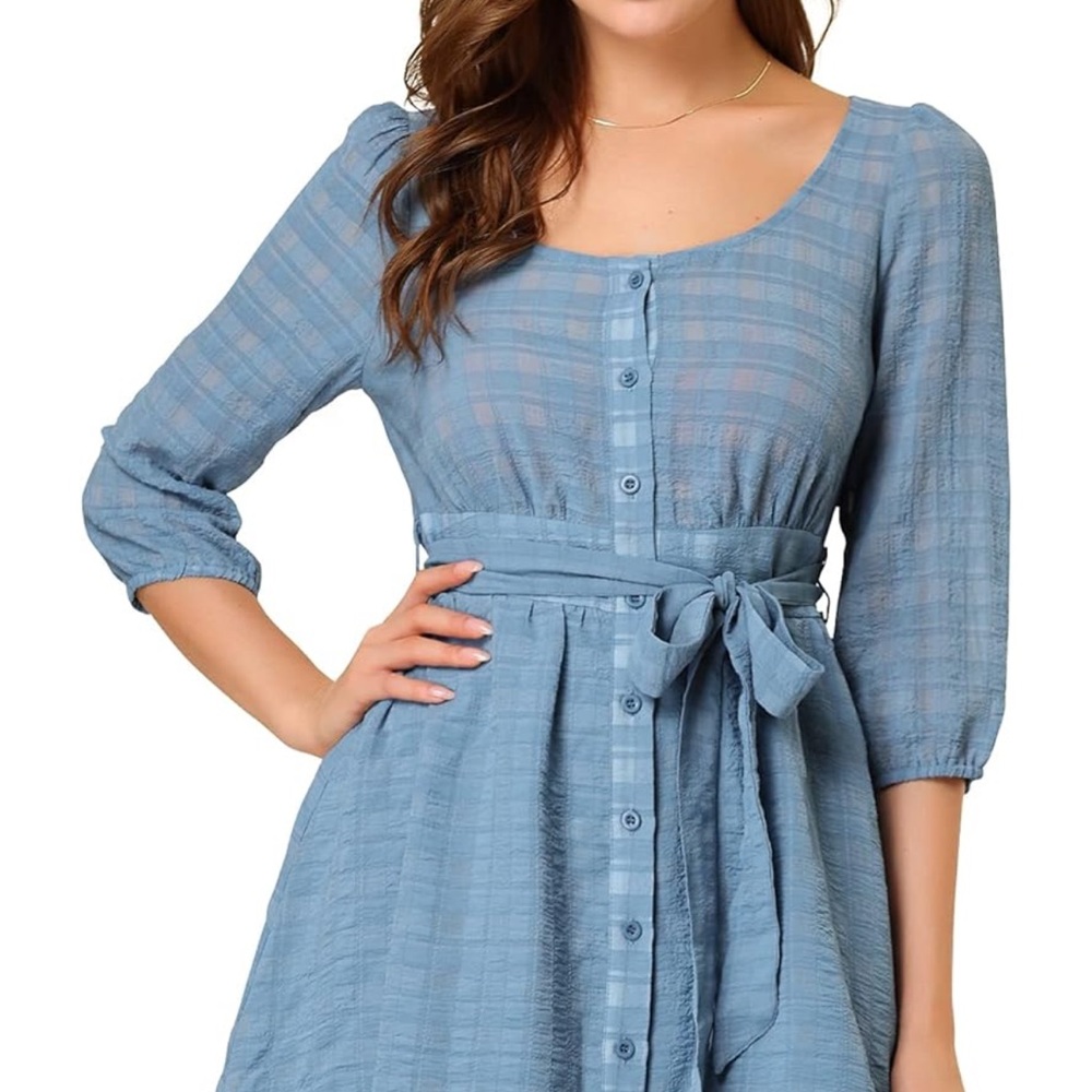 Blue Button-Up Dress with fabric tie  Belt